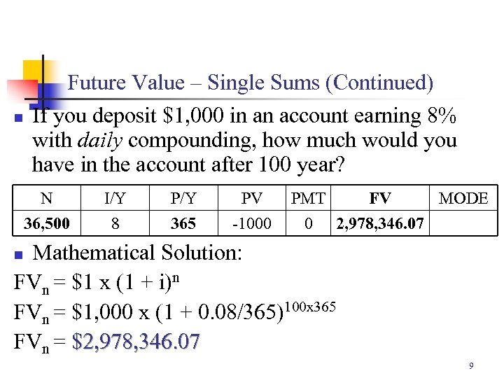 n Future Value – Single Sums (Continued) If you deposit $1, 000 in an
