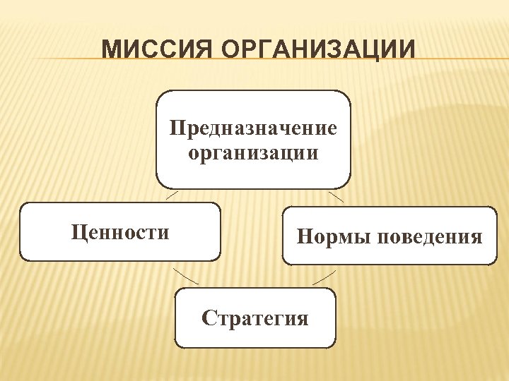 МИССИЯ ОРГАНИЗАЦИИ Предназначение организации Ценности Нормы поведения Стратегия 