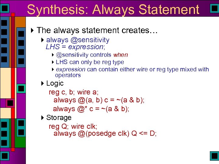 Synthesis: Always Statement 4 The always statement creates… 4 always @sensitivity LHS = expression;