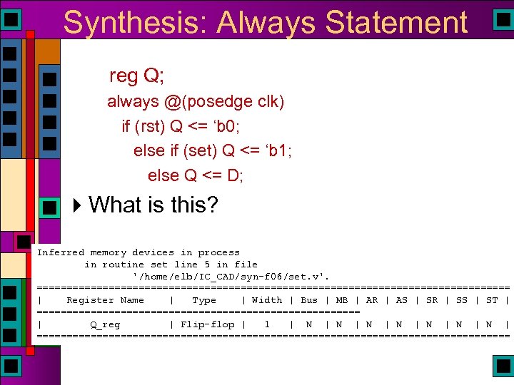 Synthesis: Always Statement reg Q; always @(posedge clk) if (rst) Q <= ‘b 0;