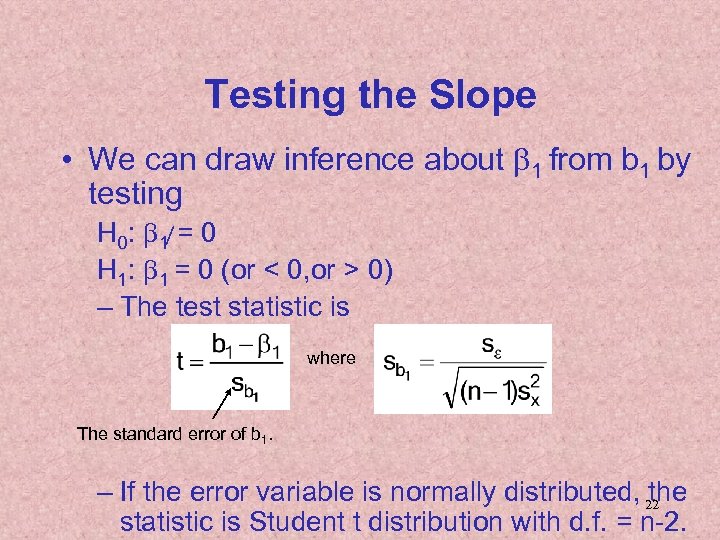 Testing the Slope • We can draw inference about b 1 from b 1