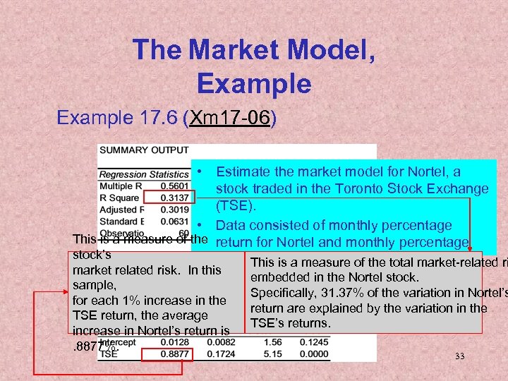 The Market Model, Example 17. 6 (Xm 17 -06) • Estimate the market model