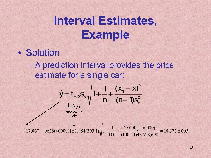 Interval Estimates, Example • Solution – A prediction interval provides the price estimate for