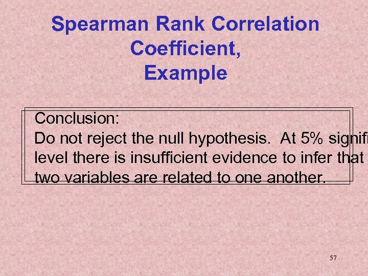 Spearman Rank Correlation Coefficient, Example Conclusion: Do not reject the null hypothesis. At 5%