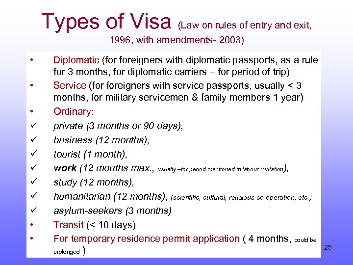Types of Visa (Law on rules of entry and exit, 1996, with amendments- 2003)