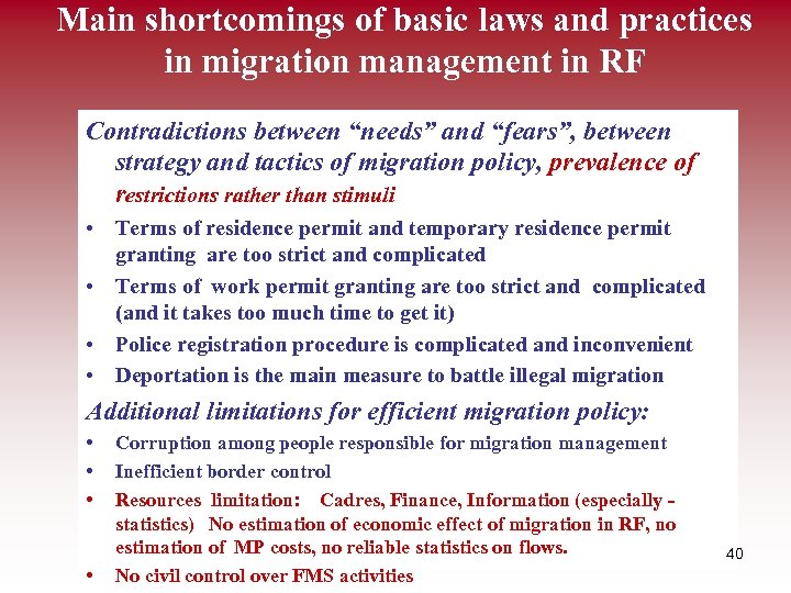 Main shortcomings of basic laws and practices in migration management in RF Contradictions between