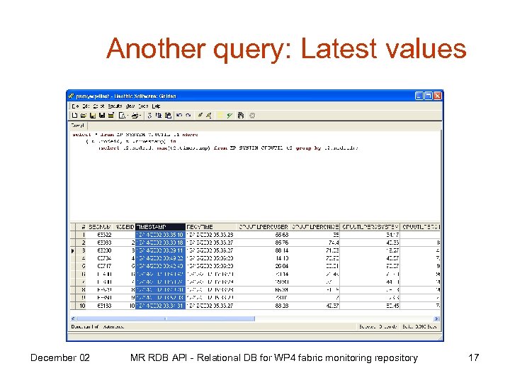 Another query: Latest values December 02 MR RDB API - Relational DB for WP