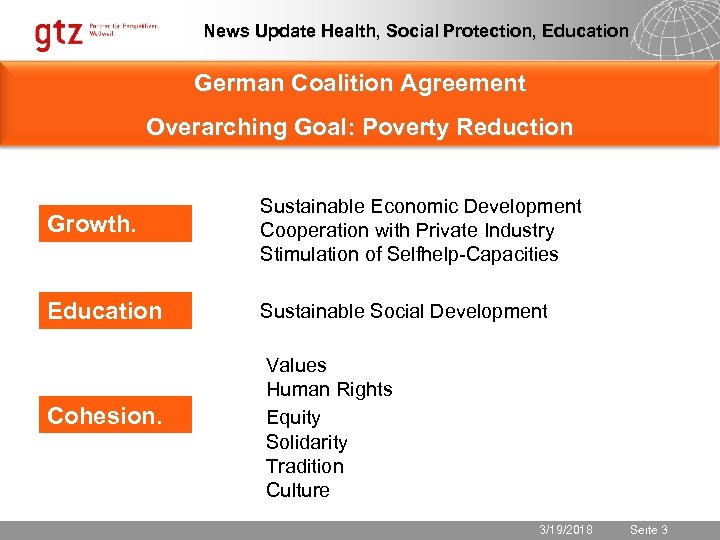News Update Health, Social Protection, Education German Coalition Agreement Overarching Goal: Poverty Reduction Growth.