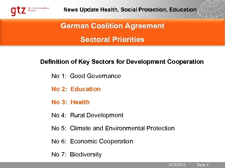 News Update Health, Social Protection, Education German Coalition Agreement Sectoral Priorities Definition of Key
