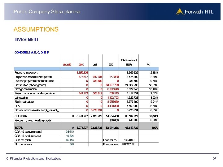 Public Company Stara planina ASSUMPTIONS INVESTMENT 6. Financial Projections and Evaluations 37 