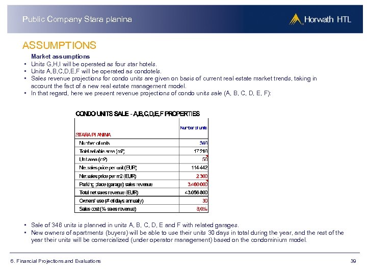 Public Company Stara planina ASSUMPTIONS • • Market assumptions Units G, H, I will