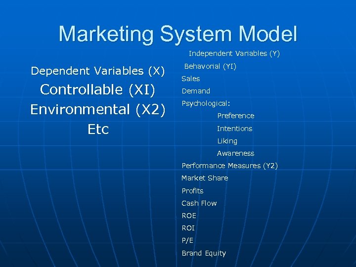 Marketing System Model Independent Variables (Y) Dependent Variables (X) Controllable (XI) Environmental (X 2)