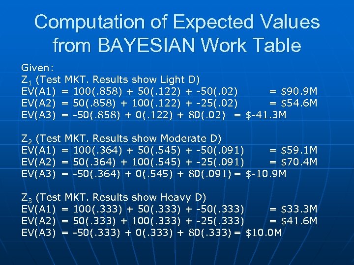 Computation of Expected Values from BAYESIAN Work Table Given: Z 1 (Test MKT. Results