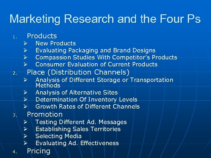 Marketing Research and the Four Ps 1. Products Ø Ø Ø Ø 3. 4.