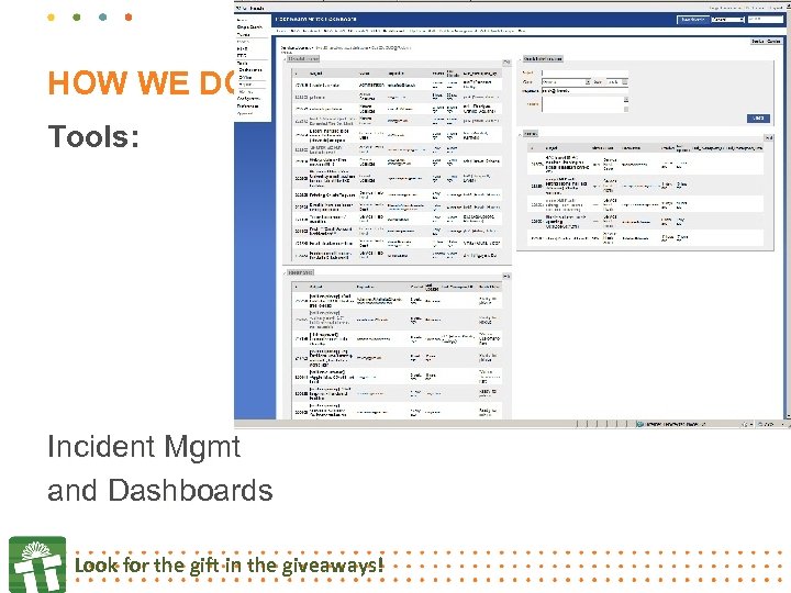 HOW WE DO IT Tools: Incident Mgmt and Dashboards Look for the gift in