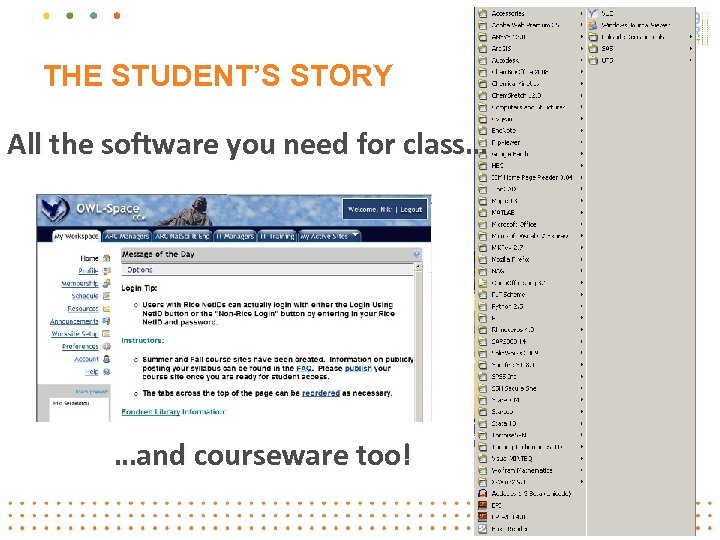 THE STUDENT’S STORY All the software you need for class… …and courseware too! 