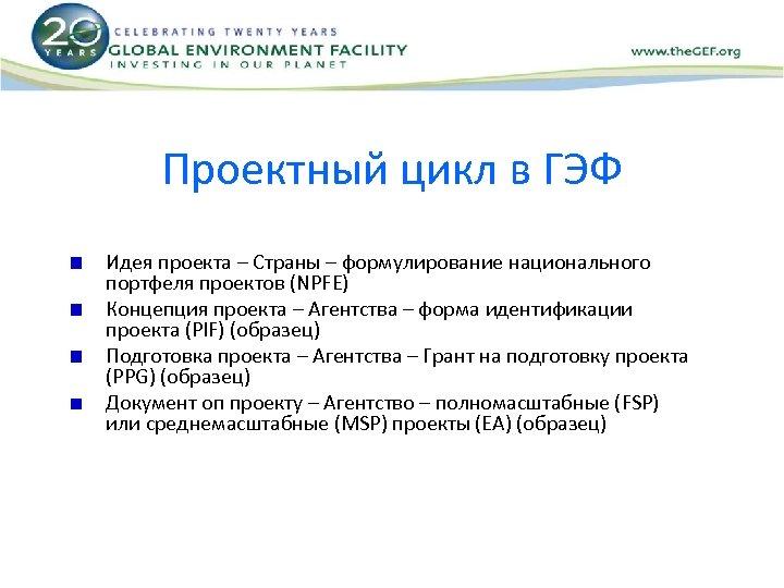Проектный цикл в ГЭФ Идея проекта – Страны – формулирование национального портфеля проектов (NPFE)