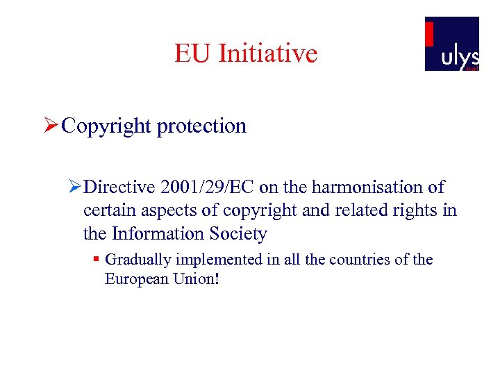 EU Initiative Ø Copyright protection ØDirective 2001/29/EC on the harmonisation of certain aspects of