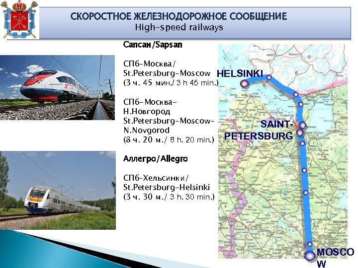 СКОРОСТНОЕ ЖЕЛЕЗНОДОРОЖНОЕ СООБЩЕНИЕ High-speed railways Сапсан/Sapsan СПб–Москва/ St. Petersburg-Moscow HELSINKI (3 ч. 45 мин.