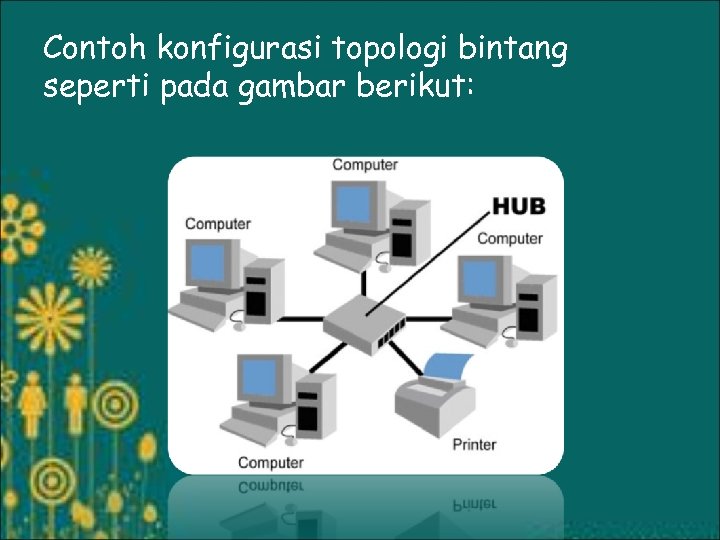 Contoh konfigurasi topologi bintang seperti pada gambar berikut: 