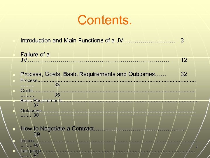 Contents. n Introduction and Main Functions of a JV…………… 3 n Failure of a