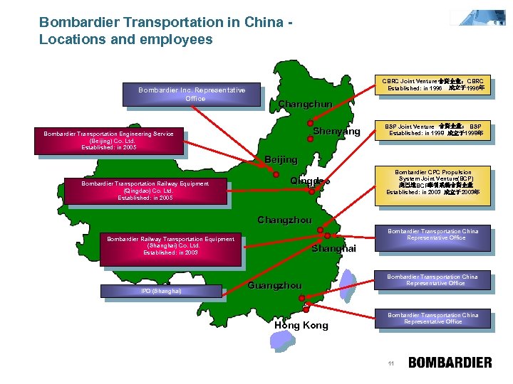 Bombardier Transportation in China Locations and employees Bombardier Inc. Representative Office CBRC Joint Venture