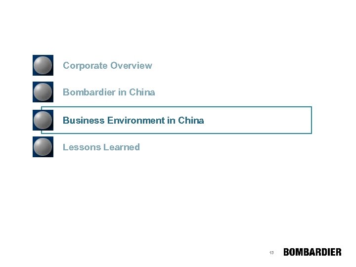 Corporate Overview Bombardier in China Business Environment in China Lessons Learned 13 