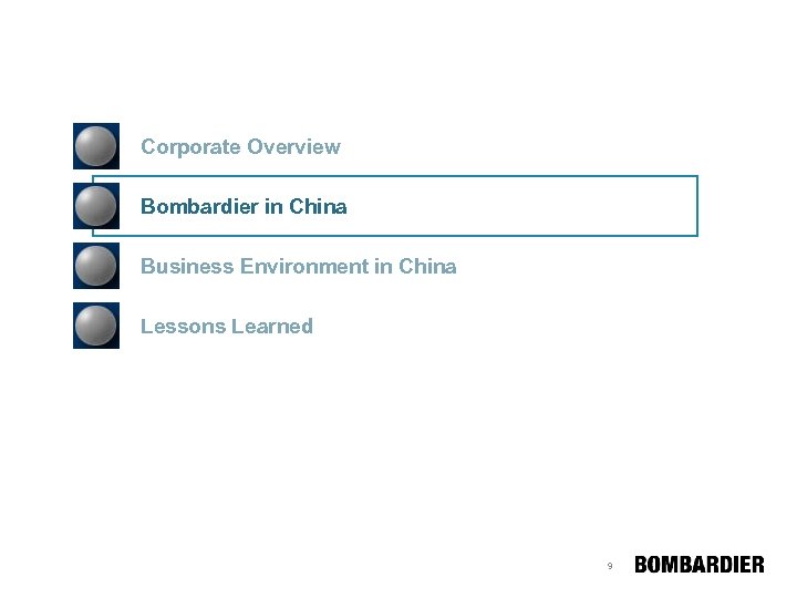 Corporate Overview Bombardier in China Business Environment in China Lessons Learned 9 