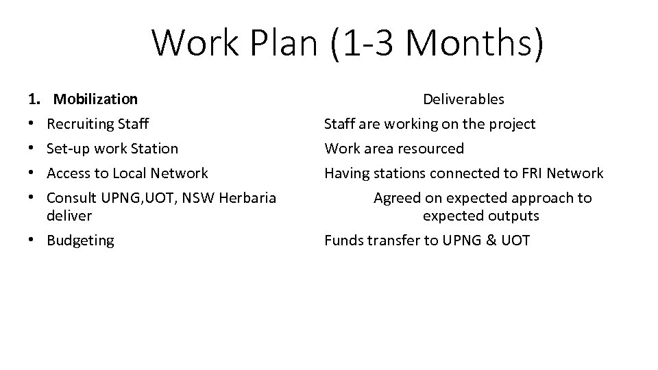 Work Plan (1 -3 Months) 1. • • Mobilization Recruiting Staff Set-up work Station