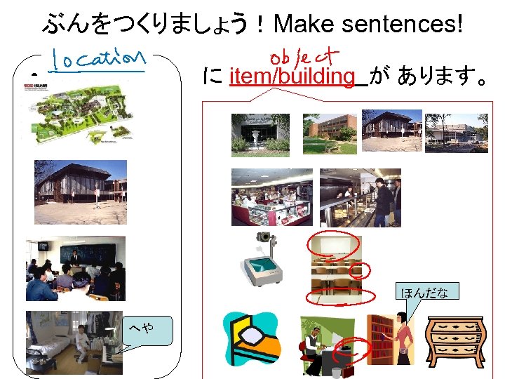 ぶんをつくりましょう！Make sentences! • 　　　　　 に item/building が あります。 ほんだな へや 