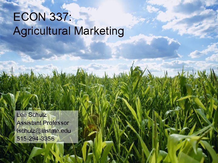 ECON 337: Agricultural Marketing Lee Schulz Assistant Professor lschulz@iastate. edu 515 -294 -3356 