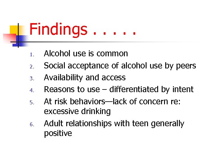 Findings. . . 1. 2. 3. 4. 5. 6. Alcohol use is common Social
