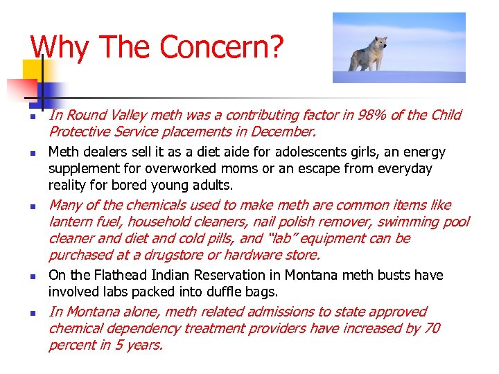 Why The Concern? n n n In Round Valley meth was a contributing factor