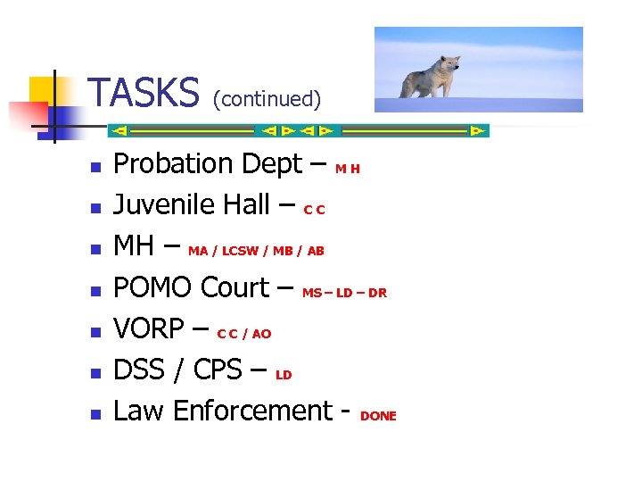 TASKS n n n n (continued) Probation Dept – M H Juvenile Hall –
