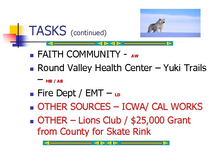 TASKS n n n (continued) FAITH COMMUNITY - AW Round Valley Health Center –