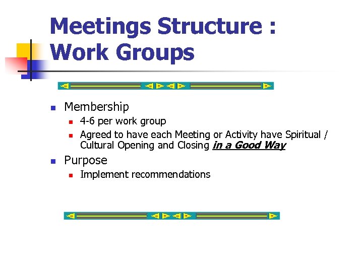 Meetings Structure : Work Groups n Membership n n n 4 -6 per work