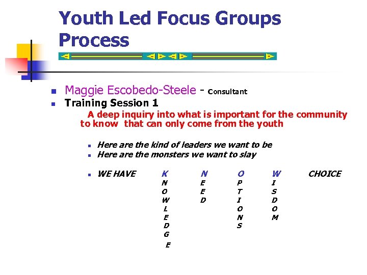 Youth Led Focus Groups Process n n Maggie Escobedo-Steele - Consultant Training Session 1
