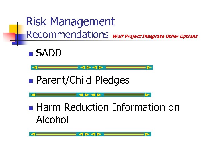 Risk Management Recommendations Wolf Project Integrate Other Options - n SADD n Parent/Child Pledges