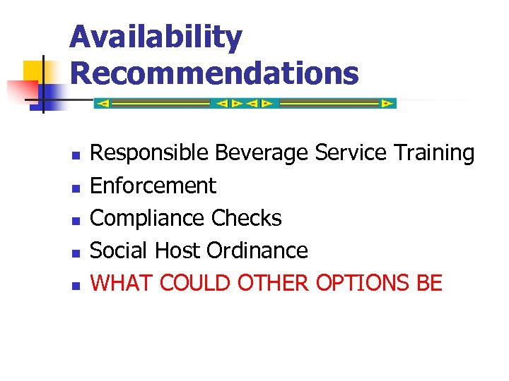 Availability Recommendations n n n Responsible Beverage Service Training Enforcement Compliance Checks Social Host