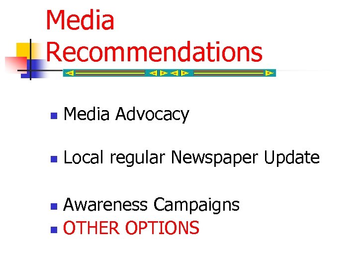 Media Recommendations n Media Advocacy n Local regular Newspaper Update Awareness Campaigns n OTHER