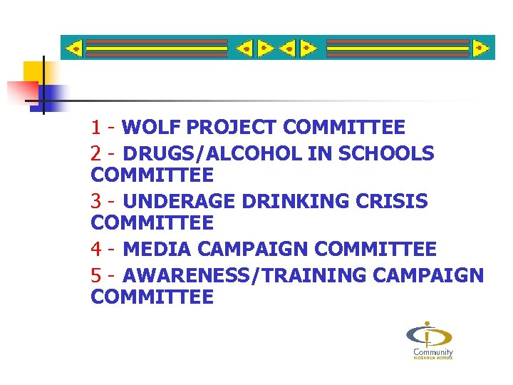 1 - WOLF PROJECT COMMITTEE 2 - DRUGS/ALCOHOL IN SCHOOLS COMMITTEE 3 - UNDERAGE