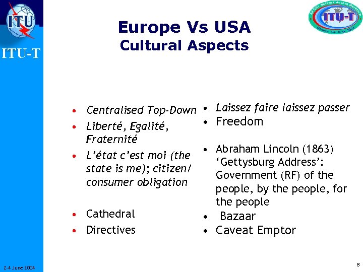 Europe Vs USA ITU-T Cultural Aspects • Centralised Top-Down • Laissez faire laissez passer