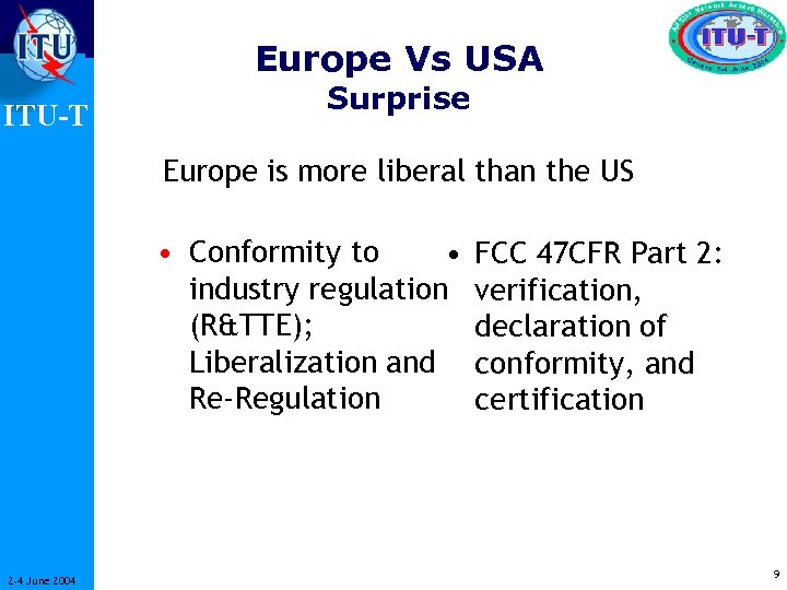Europe Vs USA ITU-T Surprise Europe is more liberal than the US • Conformity