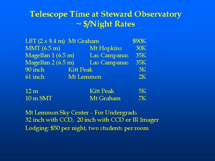 Telescope Time at Steward Observatory ~ $/Night Rates LBT (2 x 8. 4 m)