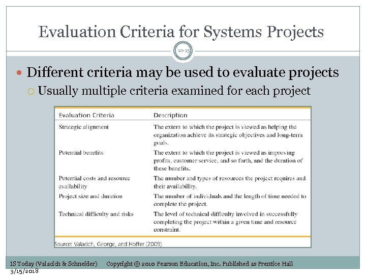 Evaluation Criteria for Systems Projects 10 -15 Different criteria may be used to evaluate