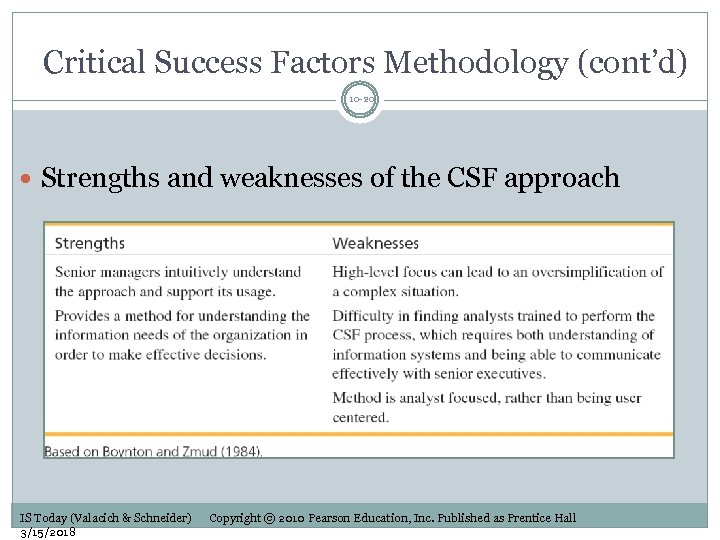 Critical Success Factors Methodology (cont’d) 10 -20 Strengths and weaknesses of the CSF approach