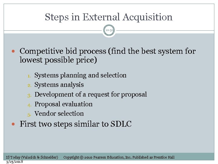 Steps in External Acquisition 10 -50 Competitive bid process (find the best system for