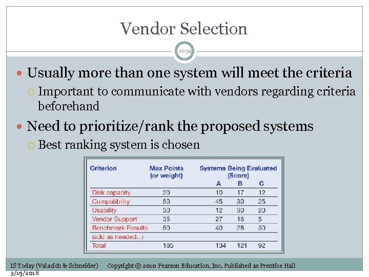 Vendor Selection 10 -54 Usually more than one system will meet the criteria Important