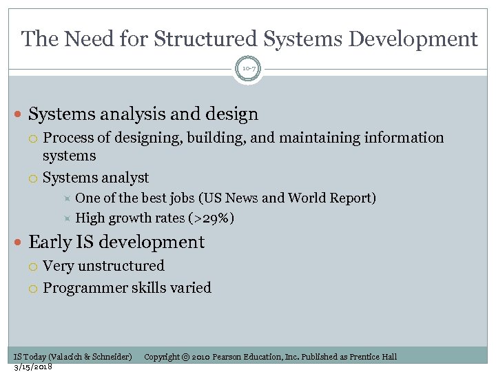 The Need for Structured Systems Development 10 -7 Systems analysis and design Process of
