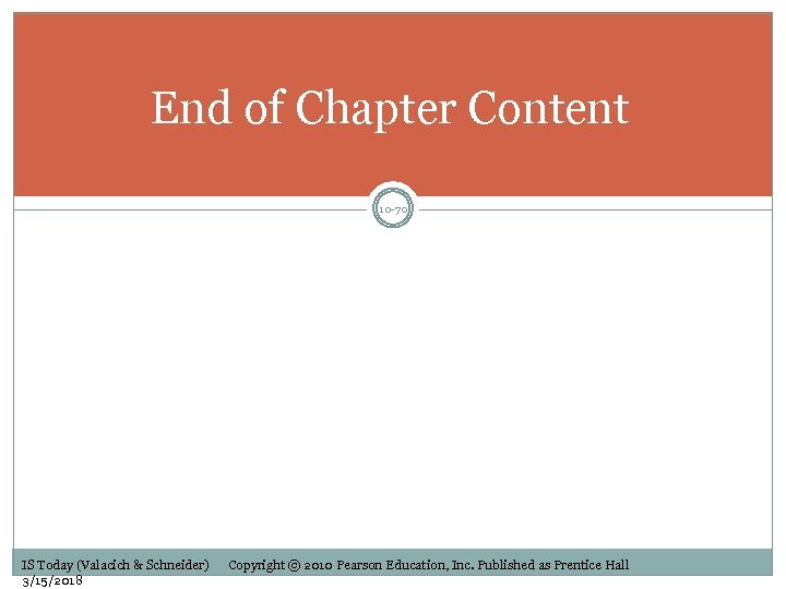 End of Chapter Content 10 -70 IS Today (Valacich & Schneider) 3/15/2018 Copyright ©